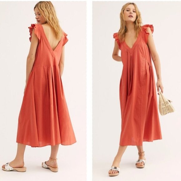 Free People Dresses & Skirts - Free People Darling Days Midi Dress Size S Pockets Linen Blend Ruffle Pleated